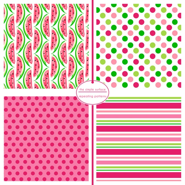 Watermelon seamless pattern with coordinating polka dot and stripe print for backgrounds, gift wrap, fabric, scrapbook paper and more. Pink, green, fuchsia. Summer fruit print. Royalty Free Stock Vectors