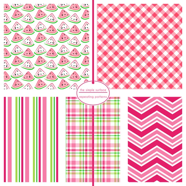 Watermelon seamless pattern with coordinating stripe, plaid and chevron print for fabric, backgrounds, cards, scrapbook paper and more. Pink and green fruit print. Royalty Free Stock Illustrations