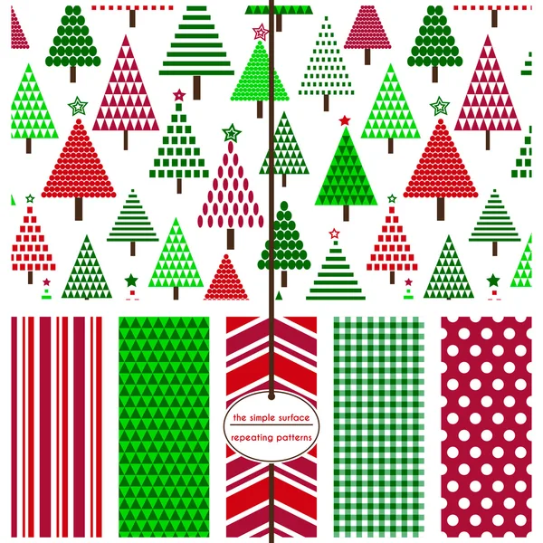 Christmas tree seamless pattern with coordinating stripe, chevron, gingham and polka dot prints. Red and green holiday patterns for fabric, backgrounds, gift wrap, cards, scrapbook paper and more. Scandinavian, contemporary style. Geometric shapes. Vector Graphics