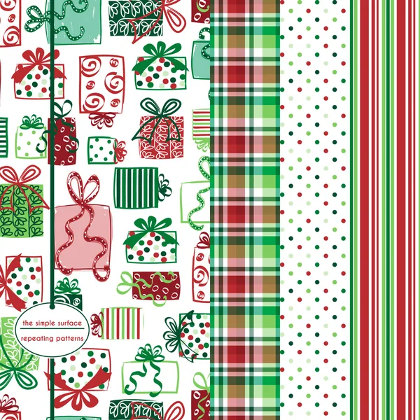 Quirky holiday gift seamless pattern with coordinating plaid, polka dot and stripe print for fabric, scrapbooking, gift wrap, invitations, cards, backgrounds, and more. Christmas patterns in red and green. Happy holidays. Xmas. Royalty Free Stock Vectors