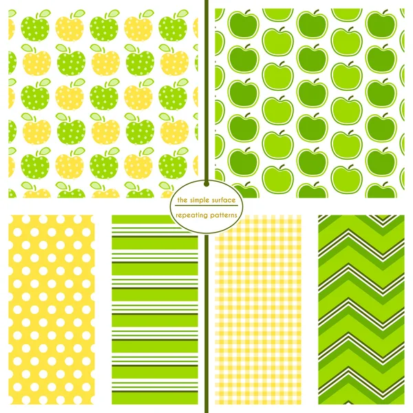 Apple seamless pattern with coordinating polka dots, stripes, gingham and chevron for fabric, scrapbook paper, gift wrap, backgrounds and more. Apple infographic or icon symbol. Yellow and green fruit print. Stock Vector