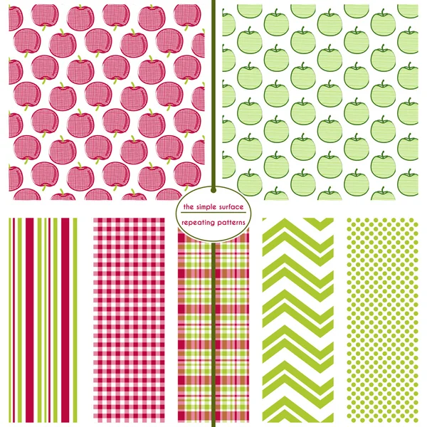 Apple seamless patterns with coordinating stripe, gingham, plaid, chevron and polka dots for fabric, gift wrap, scrapbook paper and more. Red, white and green. Fruit prints. Stock Vector