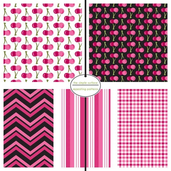 Cherry seamless patterns with coordinating chevron, stripe and gingham plaid for fabric, backgrounds, scrapbook paper, gift wrap and more. Pink, white and black. Fruit print. Vector Graphics