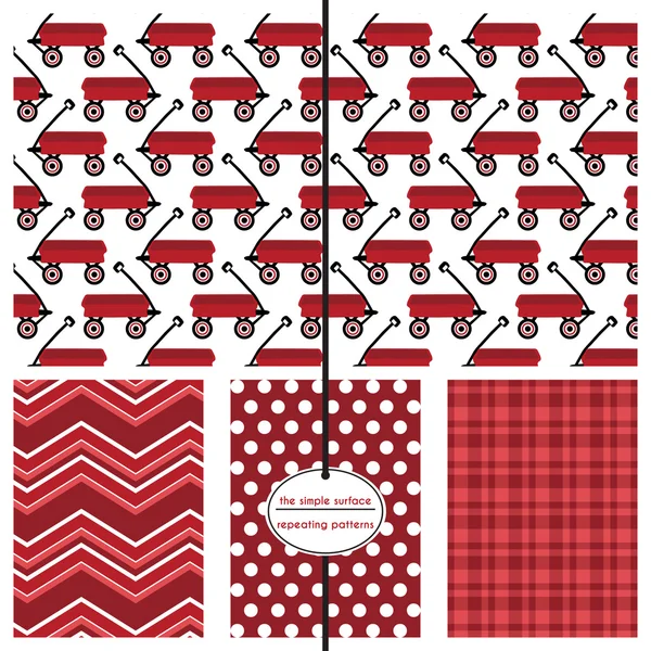Little red wagon seamless pattern with coordinating chevron, polka dot and plaid print for fabric, backgrounds, gift wrap, scrapbook paper and more. Classic, cute style. Stock Illustration