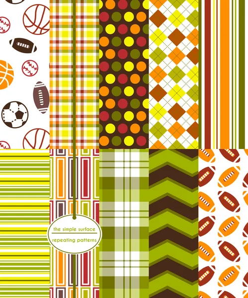 Sport seamless pattern with coordinating plaid, polka dot, argyle, stripe and chevron prints for fabric, gift wrap, scrapbook paper, backgrounds, decor and more. Football, baseball, soccer, basketball and tennis. Royalty Free Stock Illustrations