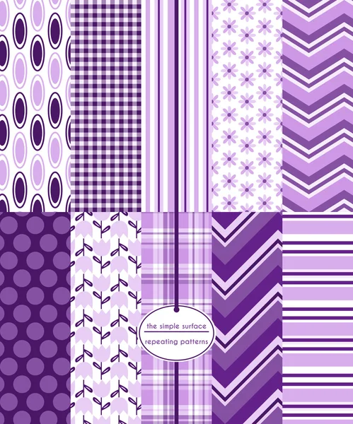 Purple and lavender seamless pattern set for backgrounds, fabric, cards, gift wrap, scrapbook paper and more. Tulip repeating pattern swatch in lavender. Ovals, gingham, plaid, stripes, polka dots and chevron print. Feminine, modern, retro style. Royalty Free Stock Illustrations