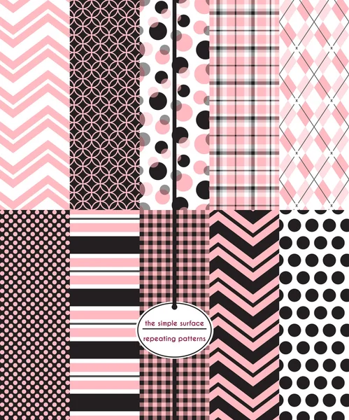 10 seamless patterns in pink and black for fabric, scrapbook paper, gift wrap, cards, backgrounds, and more. Repeating chevron, circle, bubble, plaid, argyle, polka dot, stripe, and gingham plaid prints. Classic, modern, feminine style. Royalty Free Stock Vectors
