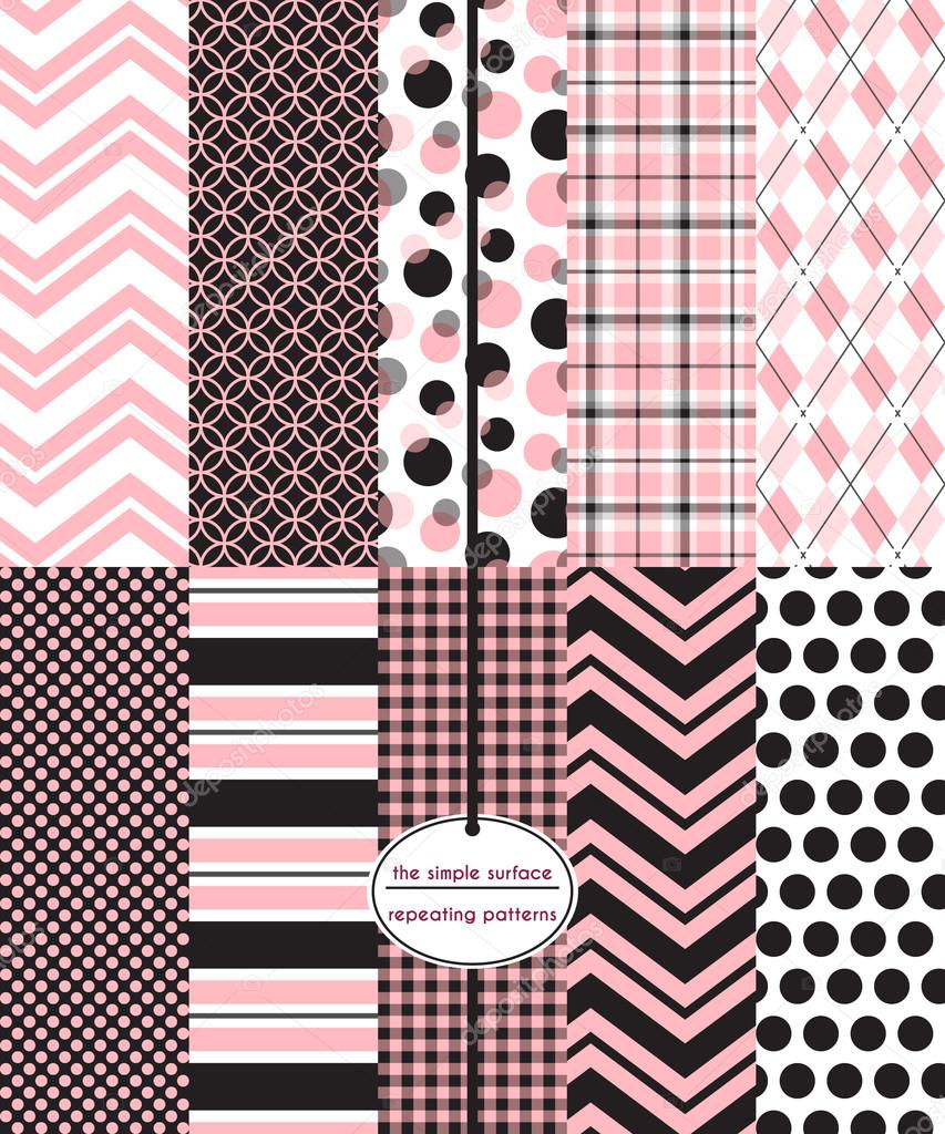 10 seamless patterns in pink and black for fabric, scrapbook paper