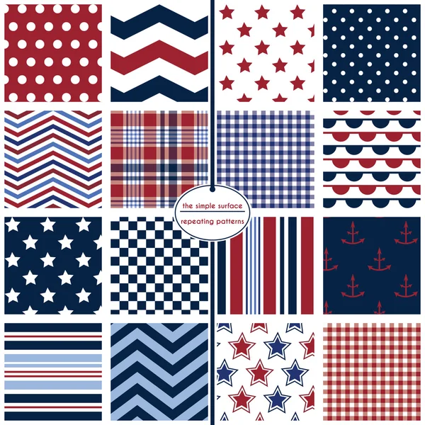 16 seamless patterns for fabric, scrapbook paper, cards, gift wrap, backgrounds and more. Anchor and star prints, polka dots, chevrons, stripes, gingham/plaid. Red, white, blue and navy. Nautical patterns. Classic, modern, retro, patriotic. July 4th. Vector Graphics