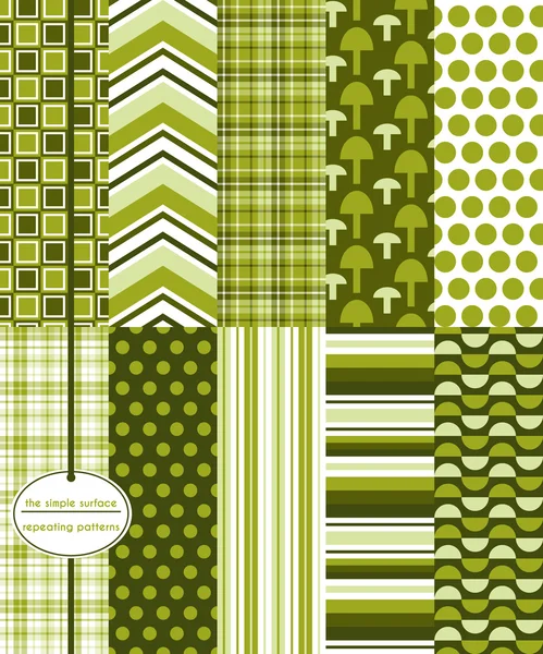 Green mushrooms repeating pattern. Mushroom seamless pattern with coordinating abstract, chevron, stripe, and plaid prints for backgrounds, scrapbook paper, gift wrap and more. Stock Illustration