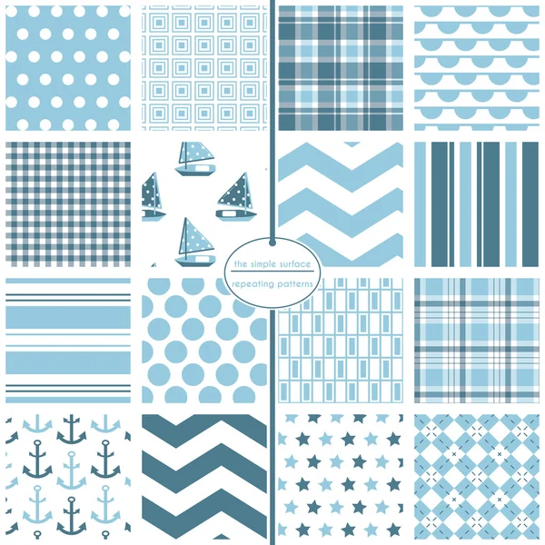 Pale blue seamless patterns. File includes: sailboat, polka dot, plaid, bunting, gingham, chevron, stripe, stars, anchors and argyle prints. Nautical. Repeating patterns for fabric, gift wrap, baby shower paper, backgrounds, scrapbooking and more. Stock Illustration