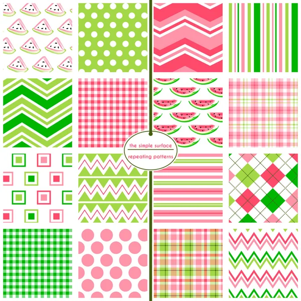 Watermelon seamless background patterns with coordinating polka dot, stripe, chevron, argyle, gingham and plaid prints for baby shower and scrapbook paper, gift wrap, fabric, cards, backgrounds, borders and more. Summer fruit. Pink and green. Royalty Free Stock Illustrations