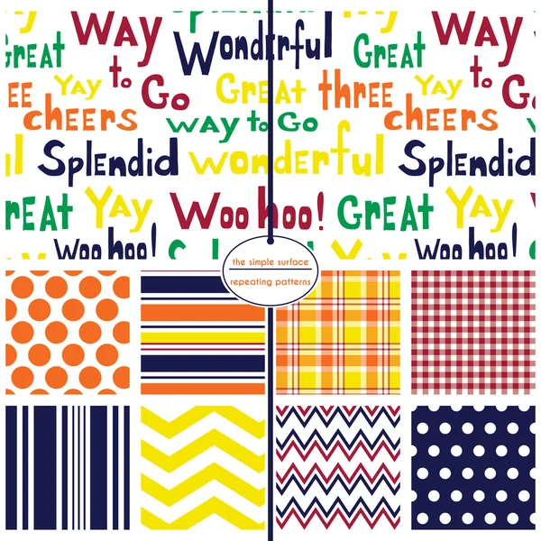 Gingham/plaid and chevron repeating patterns. Quirky, hand drawn typography with congratulations, encouragement message. Vector Graphics