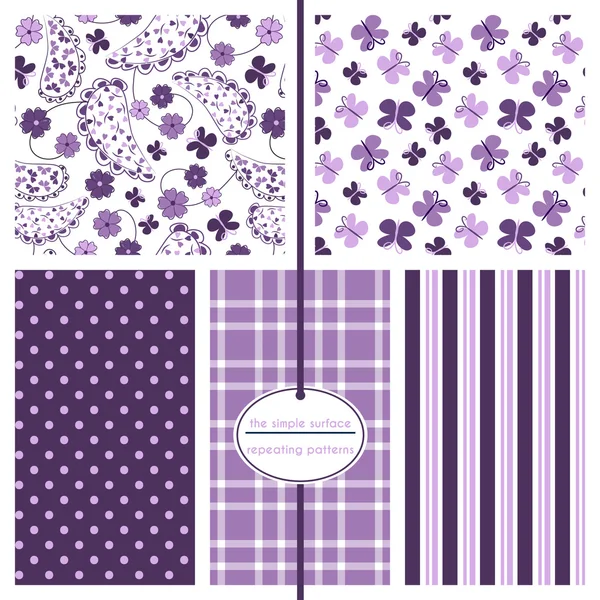 Paisley and butterfly seamless background patterns with coordinating polka dot, plaid and stripe prints. Purple and lavender patterns for baby shower paper, gift wrap, fabric, scrapbook paper, cards, backgrounds and more. Feminine, ditsy. Royalty Free Stock Illustrations