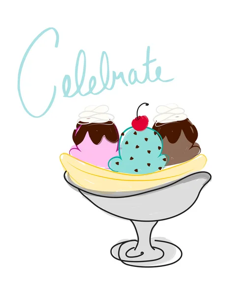 Banana split illustration isolated on white. Hand drawn image, doodle, sketch. Sundae with cherry on top. Celebrate. Happy Birthday. Dessert. Clip-art. Simple. Social media web graphic. Stock Vector