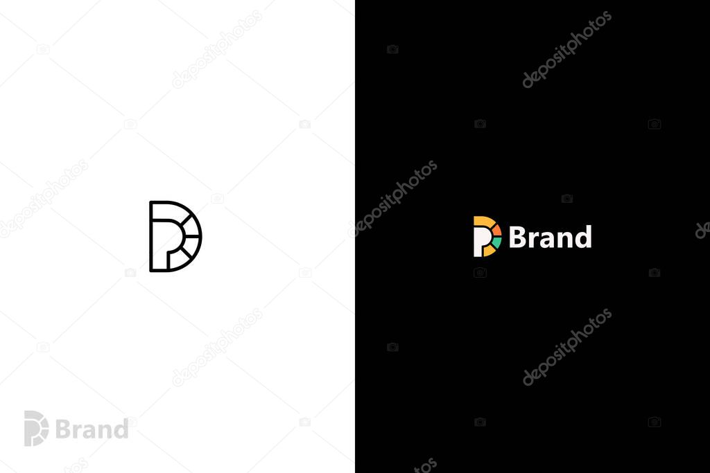 Modern Linear letters DP Sun Rays Monogram with white and black monogram.