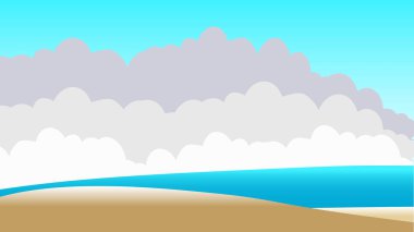 Sea view, sandy beach, sky with thick clouds, background illustration vector file