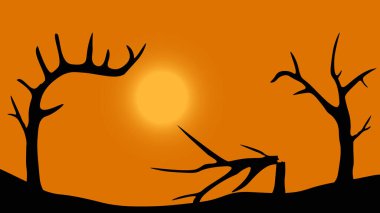Dağlarda günbatımı çizimi, Afrika 'da ölü ağaçların siyah silueti.