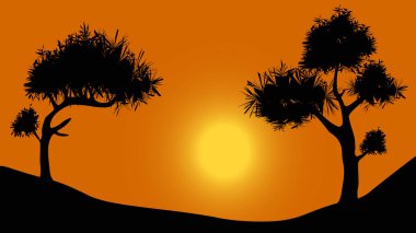 Dağlarda günbatımı çizimi, Afrika 'da siyah ağaç silueti