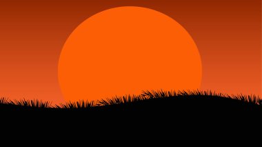 Afrika Savanasında gün batımı, büyük kırmızı bir günbatımı manzarası.