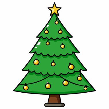 Parıldayan ışıklarla süslenmiş yeşil bir Noel ağacı ve Noel günü üstünde bir yıldız.