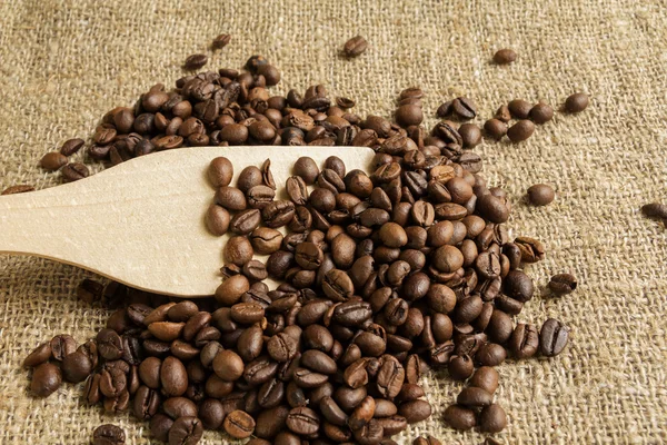 Cucharada y granos de café — Foto de Stock
