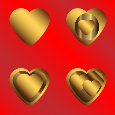 Altın kalpler kırmızı arka plan semboller üzerinde. Vektör çizim. 