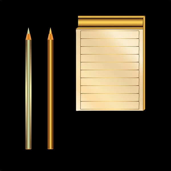 Lápices de oro y plata con bloc de notas — Vector de stock