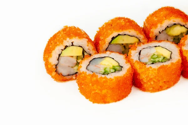 Sushi roll California roll on a white background, ingredients Shrimp, cucumber, avocado, flying fish roe, rice, nori. Traditional Japanese food. For the restaurant menu. — Stock Photo, Image