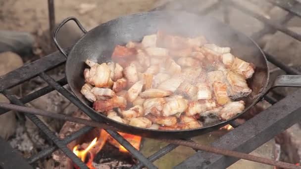 Frigideira com bacon no fogo. Uma frigideira de ferro fundido grande com pedaços de barriga de porco em uma fogueira aberta em um rack de arame na floresta. Comida na natureza. Cozinhar comida na estrada. Piquenique — Vídeo de Stock