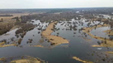Nehrin taşkınları. Kuş bakışı bir nehirden büyük bir nehri sel basıyor. Avrupa. Bahar ağaçlarındaki taşan nehir kıyıları su baskınına yansıdı, nehir taştı.