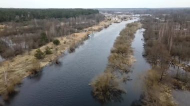 Nehrin taşkınları. Kuş bakışı bir nehirden büyük bir nehri sel basıyor. Avrupa. Bahar ağaçlarındaki taşan nehir kıyıları su baskınına yansıdı, nehir taştı.