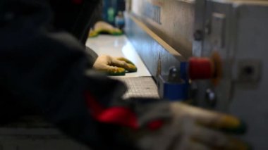 Adamın biri giyotinle çelik bir levhayı kesiyor. Çelik kesmek için hidrolik pres kullanan bir adam. Metalle çalışmak. giyotin