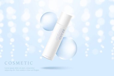 Cosmetic product ads template on blue background with water drop and light.