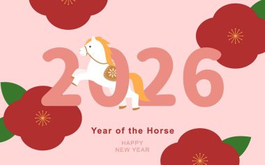 2026 Çin Yeni Yıl Şablonu At ve kamelya.