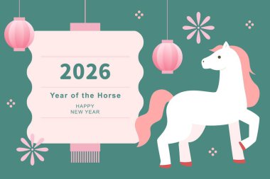 Fenerler ve atlarla yeni yıl şablonu.