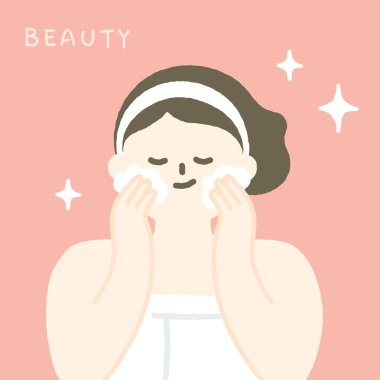 Cilt bakımı konsepti, güzel bir kadının yüzünü yıkadığı el çizimi..