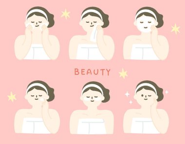 Cilt bakımı konsepti, cilt bakımı yapan güzel bir kadının el çizimi..