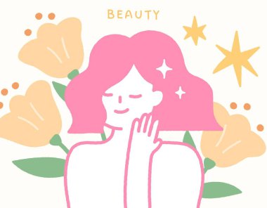 Cilt bakımı konsepti güzel bir kadın ve çiçeklerle el çizimi.