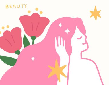 Cilt bakımı konsepti güzel bir kadın ve çiçeklerle el çizimi.