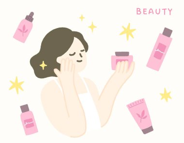 Cilt bakımı konsepti, cilt bakımı yapan güzel bir kadının el çizimi..