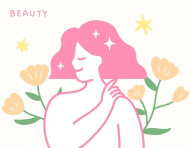 Cilt bakımı konsepti güzel bir kadın ve çiçeklerle el çizimi.