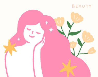 Cilt bakımı konsepti güzel bir kadın ve çiçeklerle el çizimi.