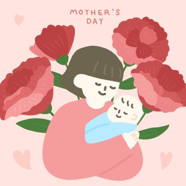 Anneler Günü şablonu. Anne kucağında bebeği ve karanfil resimlerini taşıyor..