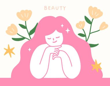 Cilt bakımı konsepti güzel bir kadın ve çiçeklerle el çizimi.