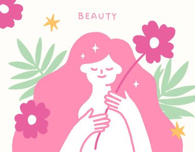 Cilt bakımı konsepti güzel bir kadın ve çiçeklerle el çizimi.