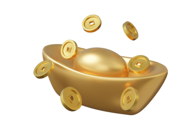 Şeffaf png arka planda izole edilmiş madeni paraları olan altın külçe. Mutlu Çin Yeni Yıl Festivali konsepti. Zenginlik, geleneksel ay dekorasyonu. 3d çizim elementleri