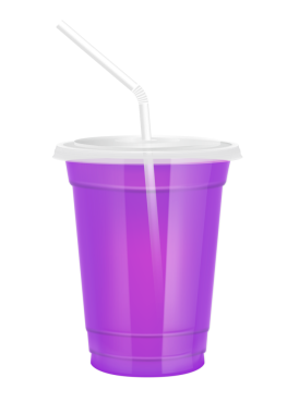 Plastik bardaktaki meyve suyu gibi şeffaf. Düz kapaklı ve saman tüplü cam. Mor su, tasarım, içecek, kafe ya da restoranlar için. Paketleme içeceği 3D Gerçekçi PNG.