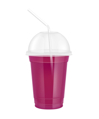 Plastik bardaktaki meyve suyu gibi şeffaf. Kubbe ve saman tüplü bardak. Mor kırmızı su, tasarım, içecek, kafe ya da restoranlar için. Paketleme içeceği 3D Gerçekçi PNG.