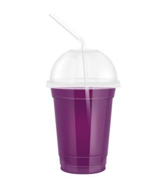 Plastik bardaktaki meyve suyu gibi şeffaf. Bardak kapaklı ve saman tüplü. Mor su, tasarım, içecek, kafe ya da restoranlar için. Paketleme içeceği 3D Gerçekçi PNG.